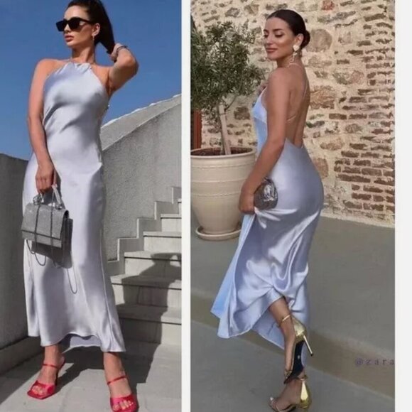 Zara Satin Slip Dress Spaghetti Straps Midi Blue Gray Size Medium - Picture 2 of 11